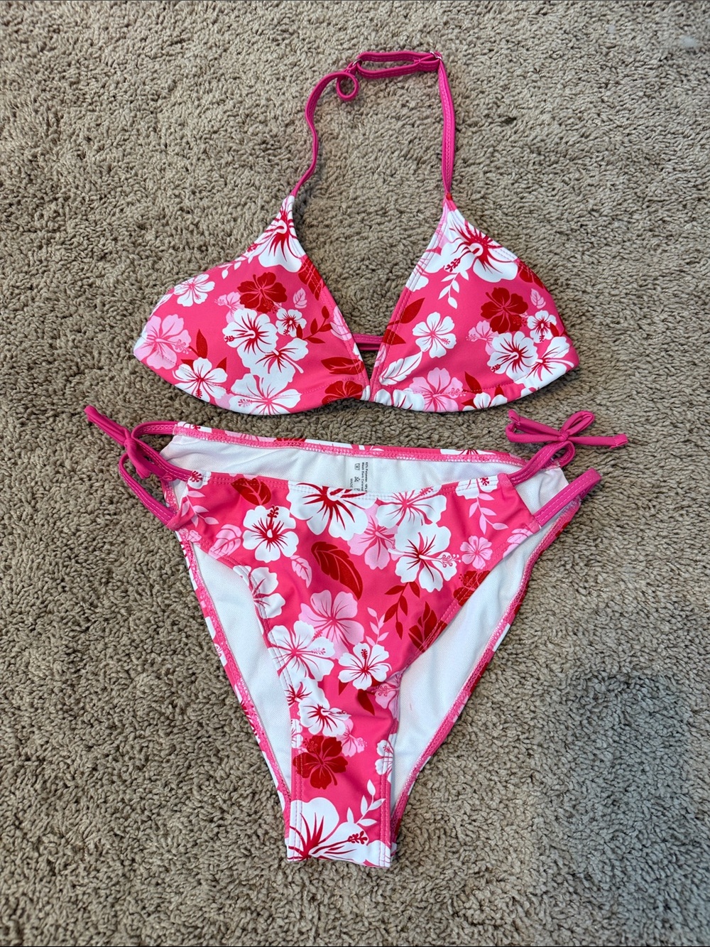 SHEIN Pink & White Floral Halter Kids Bikini